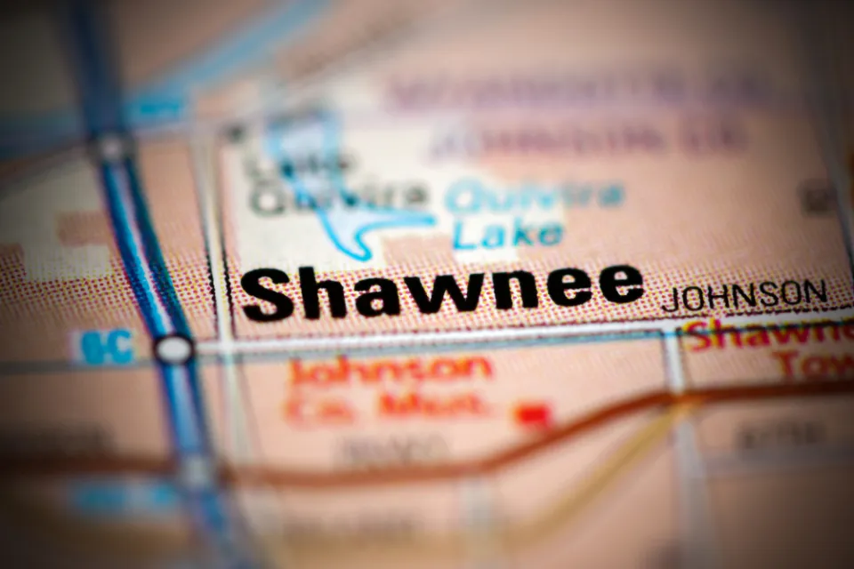 A map focuses on the city of Shawnee, Kansas and its surrounding roads and neighboring towns.